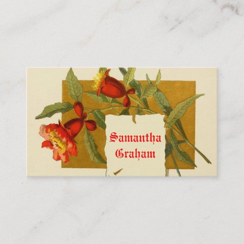 Vintage bright red pomegranate flowers custom business card