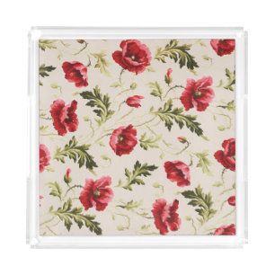 Vintage bright red poppies flower pattern acrylic tray