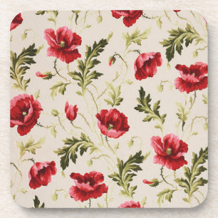 Vintage bright red poppies flower pattern beverage coaster