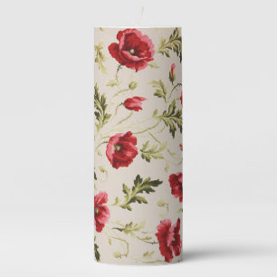 Vintage bright red poppies flower pattern pillar candle