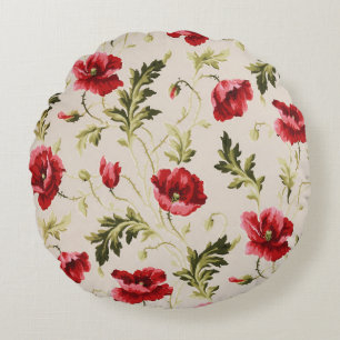 Vintage bright red poppies flower pattern round pillow