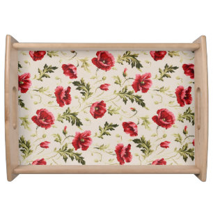 Vintage bright red poppies flower pattern serving tray