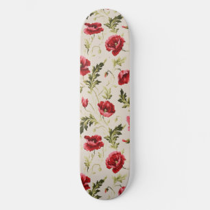 Vintage bright red poppies flower pattern skateboard