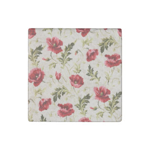 Vintage bright red poppies flower pattern stone magnet