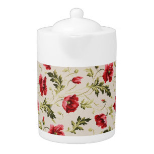 Vintage bright red poppies flower pattern  teapot