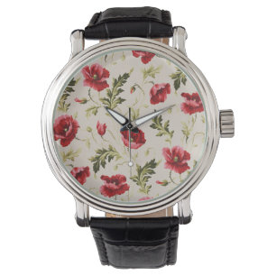 Vintage bright red poppies flower pattern watch