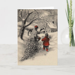 Vintage Bringing Home the Christmas Tree Card