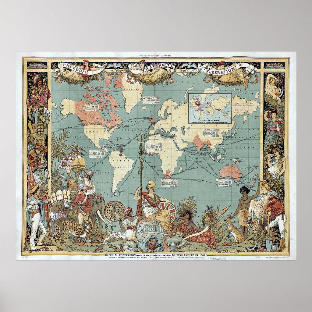 Vintage British Empire 1886 world map poster