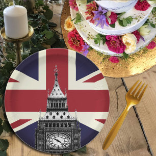 Vintage British Flag, Big Ben plates, London, UK Paper Plates