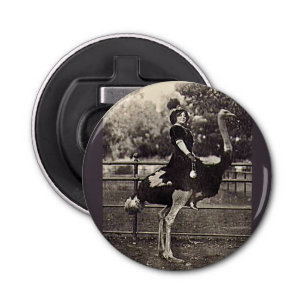Vintage Broadway Actress Riding an Ostrich Bottle Opener