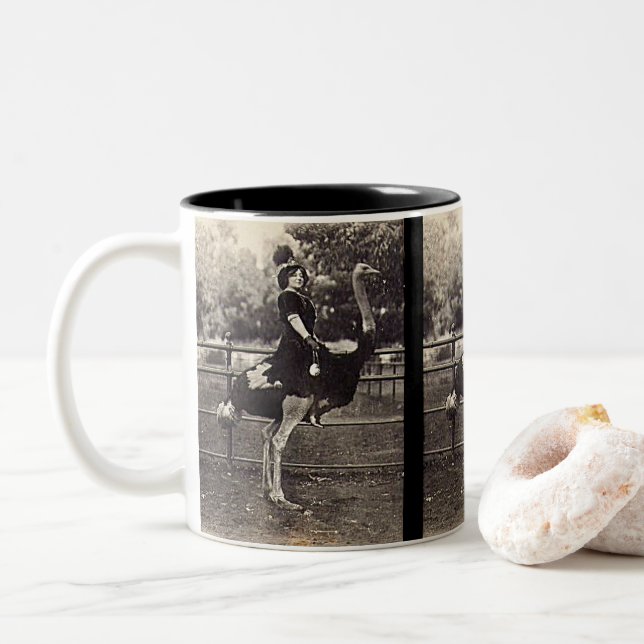 Vintage Broadway Actress Riding an Ostrich Two-Tone Coffee Mug (With Donut)