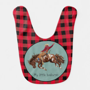 Vintage bronco rider on buffalo plaid baby bib
