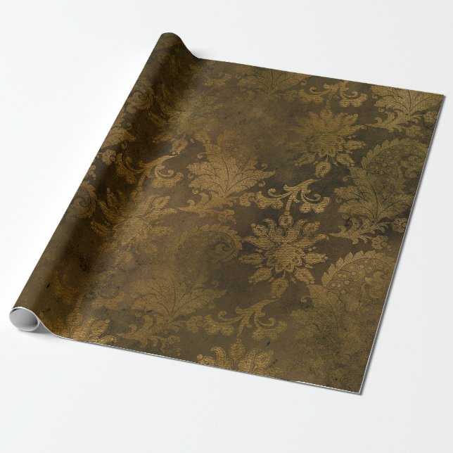 Vintage Bronze Gold Damask Wrapping Paper (Unrolled)