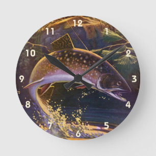 Vintage Brook Trout Fish Fisherman, Sports Fishing Round Clock