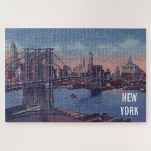Vintage Brooklyn Bridge ıllustration New York City Jigsaw Puzzle