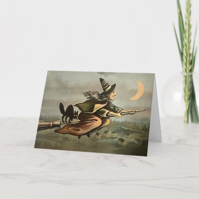 Vintage Broom Witch Halloween Card   (Front)
