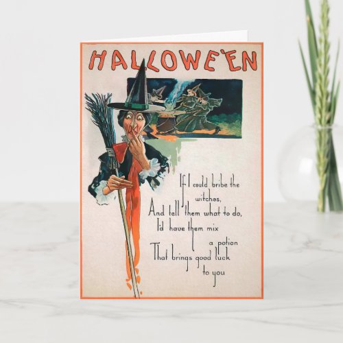 Vintage Broom Witch Poem Halloween Card