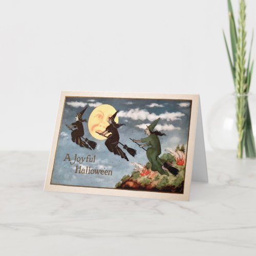 Vintage Broom Witches Halloween Card  
