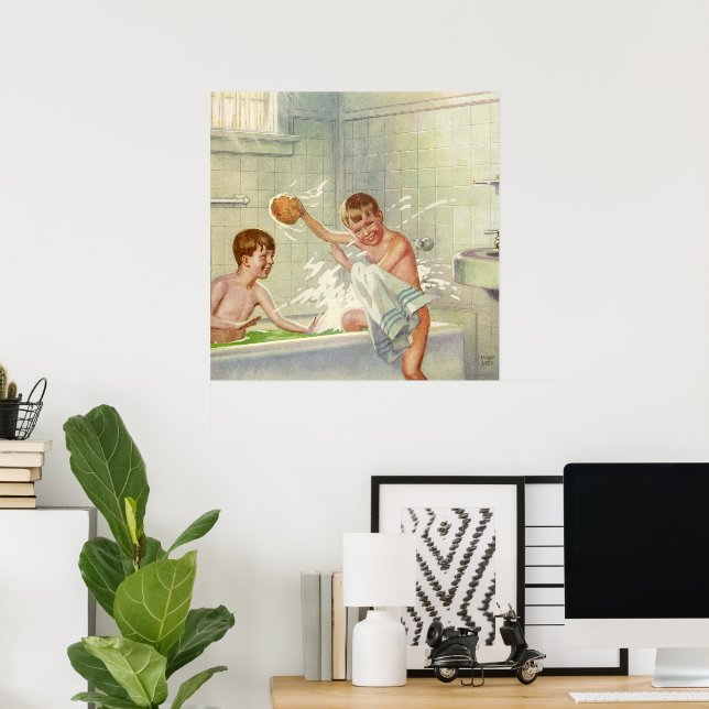 Vintage Brothers, Children, Boys Splashing in Tub, Poster (Home Office)