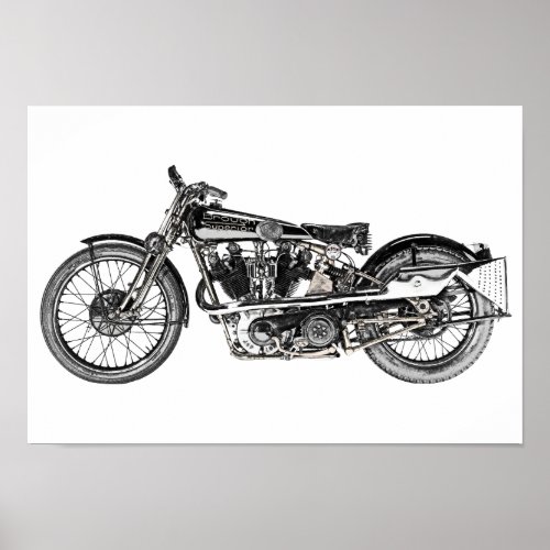 Vintage Brough Superior Motorcycle Pencil Drawing Poster