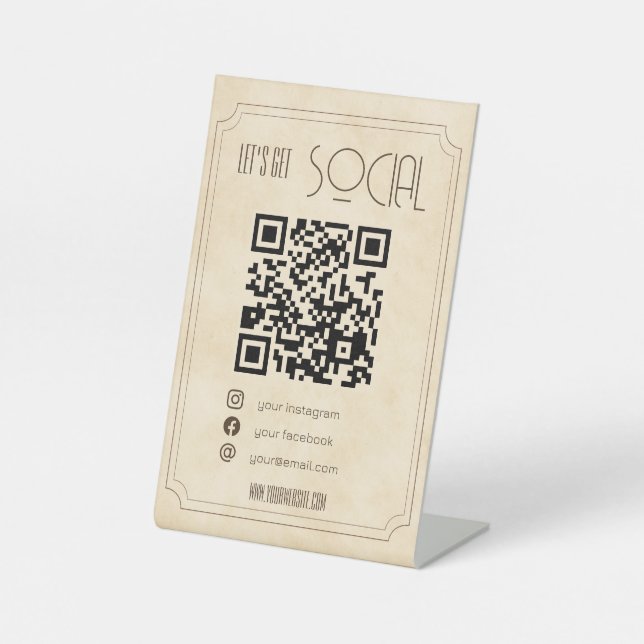 Vintage brow QR code business scan me social media Pedestal Sign (Front)