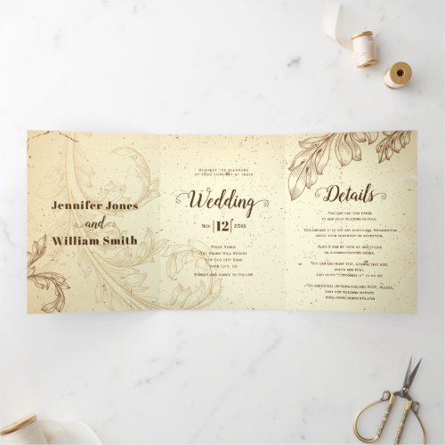 Vintage brown and beige scroll leaf wedding Tri_Fold invitation