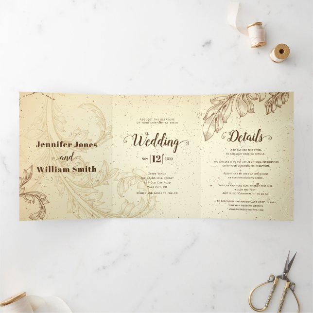 Vintage brown and beige scroll leaf wedding Tri-Fold invitation (Inside)