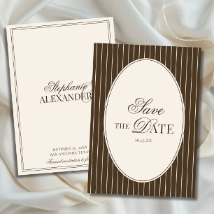 Vintage Brown and Ivory Stripes Old Money Wedding Save The Date