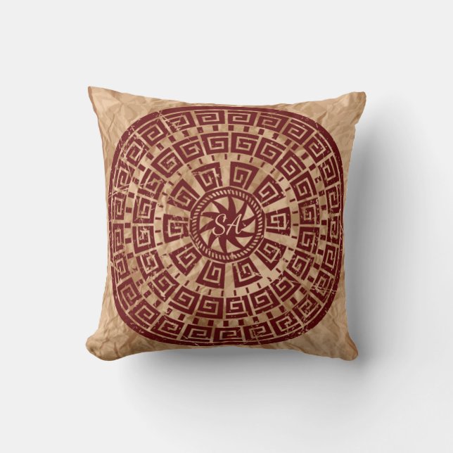 Vintage Brown and Maroon Monogrammed Throw Pillow (Front)