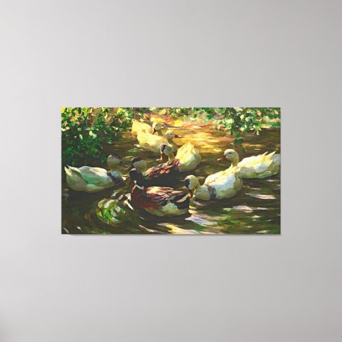 Vintage Brown And White Ducks In a Pond Canvas Print