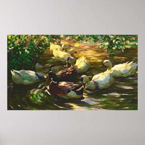Vintage Brown And White Ducks In a Pond Poster