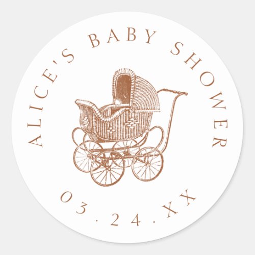 Vintage Brown Baby Carriage Baby Shower Classic Round Sticker