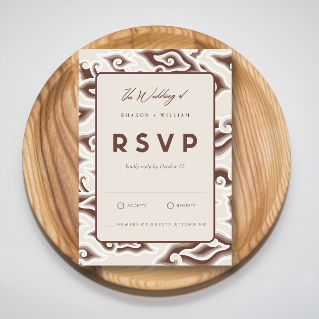 Vintage Brown Batik Wedding RSVP Card Customizable (Elegant Batik Response Vintage Brown Wedding RSVP Card)
