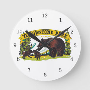 Vintage Brown Bears in Yellowstone National Park Round Clock