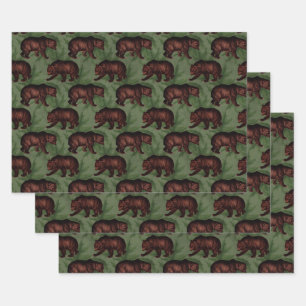Vintage Brown Bears on Green Wrapping Paper Sheets