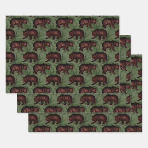 Vintage Brown Bears on Green Wrapping Paper Sheets