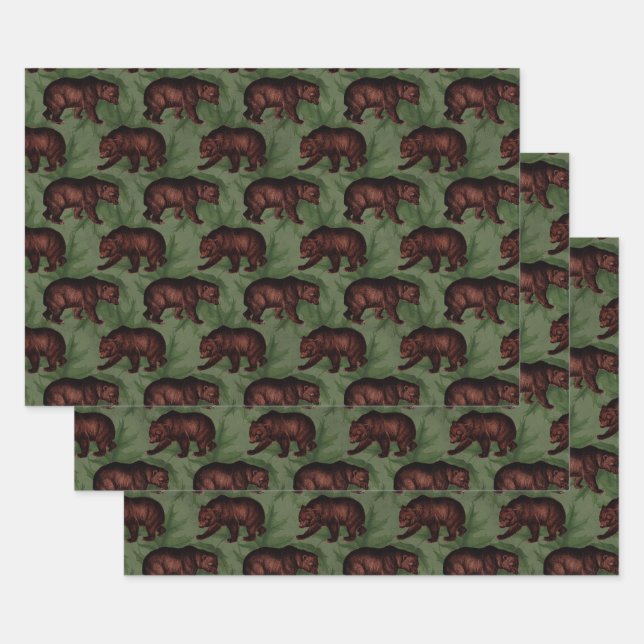 Vintage Brown Bears on Green Wrapping Paper Sheets (Set)