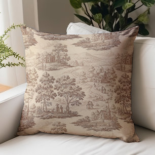Vintage Brown Beige Country Toile de Jouy Pattern Throw Pillow