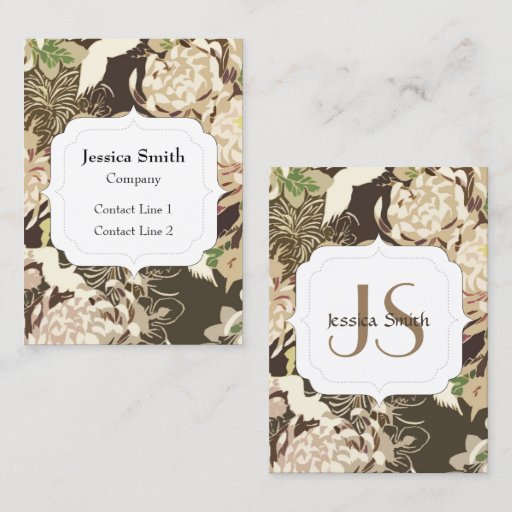 Customizable Vintage brown beige flowers and birds Monogram Business Card