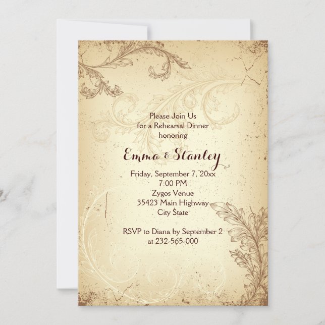 Vintage brown beige scroll leaf rehearsal dinner invitation (Front)