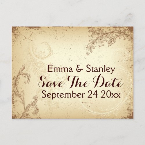 Vintage brown beige scroll leaf Save the Date Announcement Postcard
