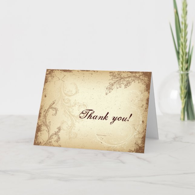 Vintage brown beige scroll leaf Thank You greeting (Front)