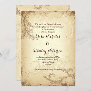 Vintage brown beige scroll leaf wedding invitation
