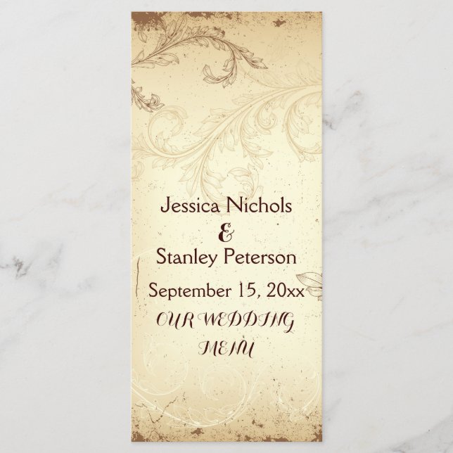 Vintage brown, beige scroll leaf wedding menu card (Front)
