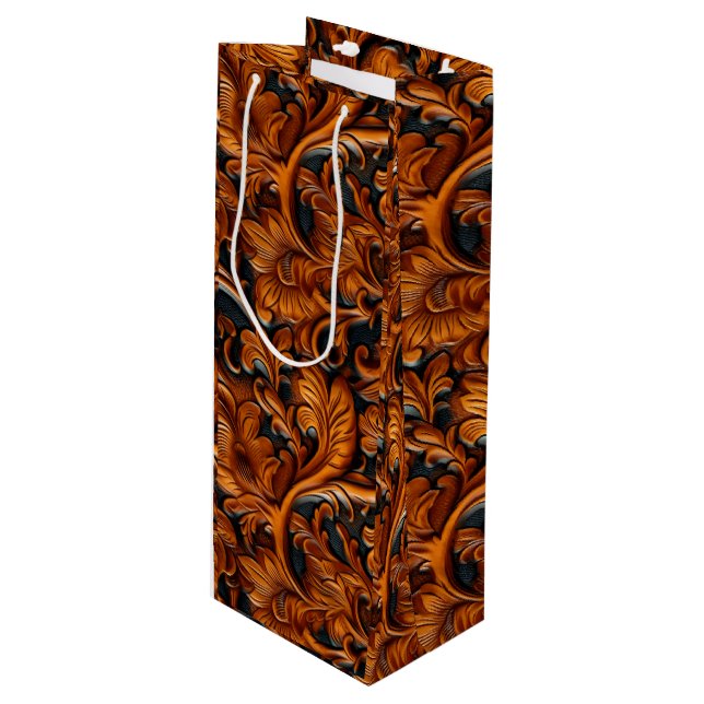 Vintage Brown black tooled leather  Wine Gift Bag (Front Angled)