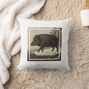 Vintage Brown Boar Hunting Painting, Wildlife Art Throw Pillow