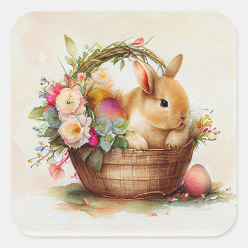 Vintage Brown Bunny Basket Pink Flowers Easter Square Sticker