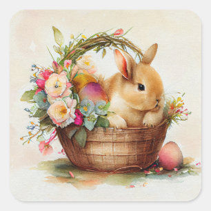 Vintage Brown Bunny Basket Pink Flowers Easter Square Sticker