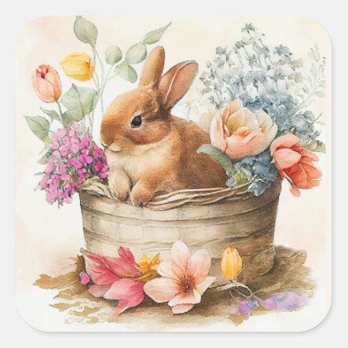 Vintage Brown Bunny Rabbit Basket Flowers Easter Square Sticker