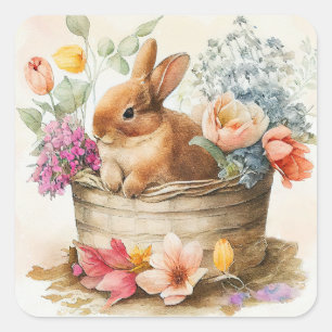 Vintage Brown Bunny Rabbit Basket Flowers Easter Square Sticker
